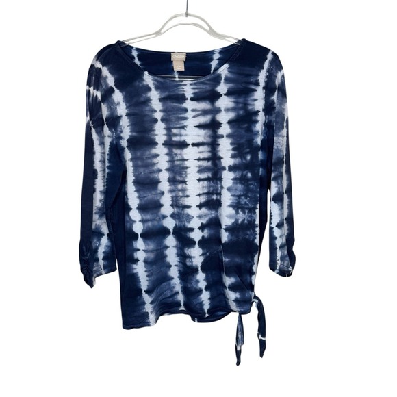 CHICOS Size 2 US L Tie-Dye Top Side Tie Cotton Modal Navy Blue Soft Knit Shirt - Picture 1 of 3